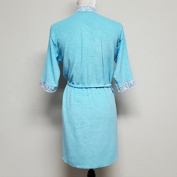 Rare Vintage 60s Dolphins Sky Blue Terrycloth Hawaiian Tie-Waist Mini Robe L - Picture 11 of 14